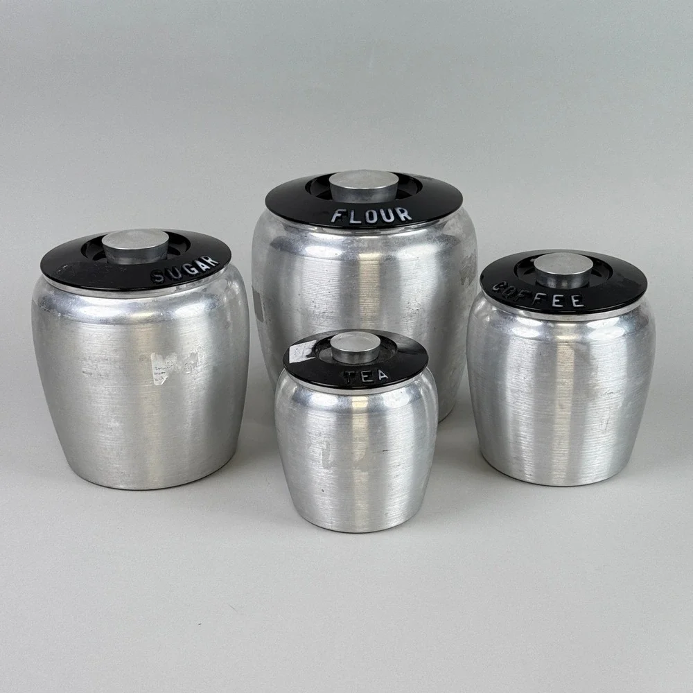 Vintage Kromex Aluminum Canister Set‎ of 4 Flour Sugar Coffee Tea Black Lids